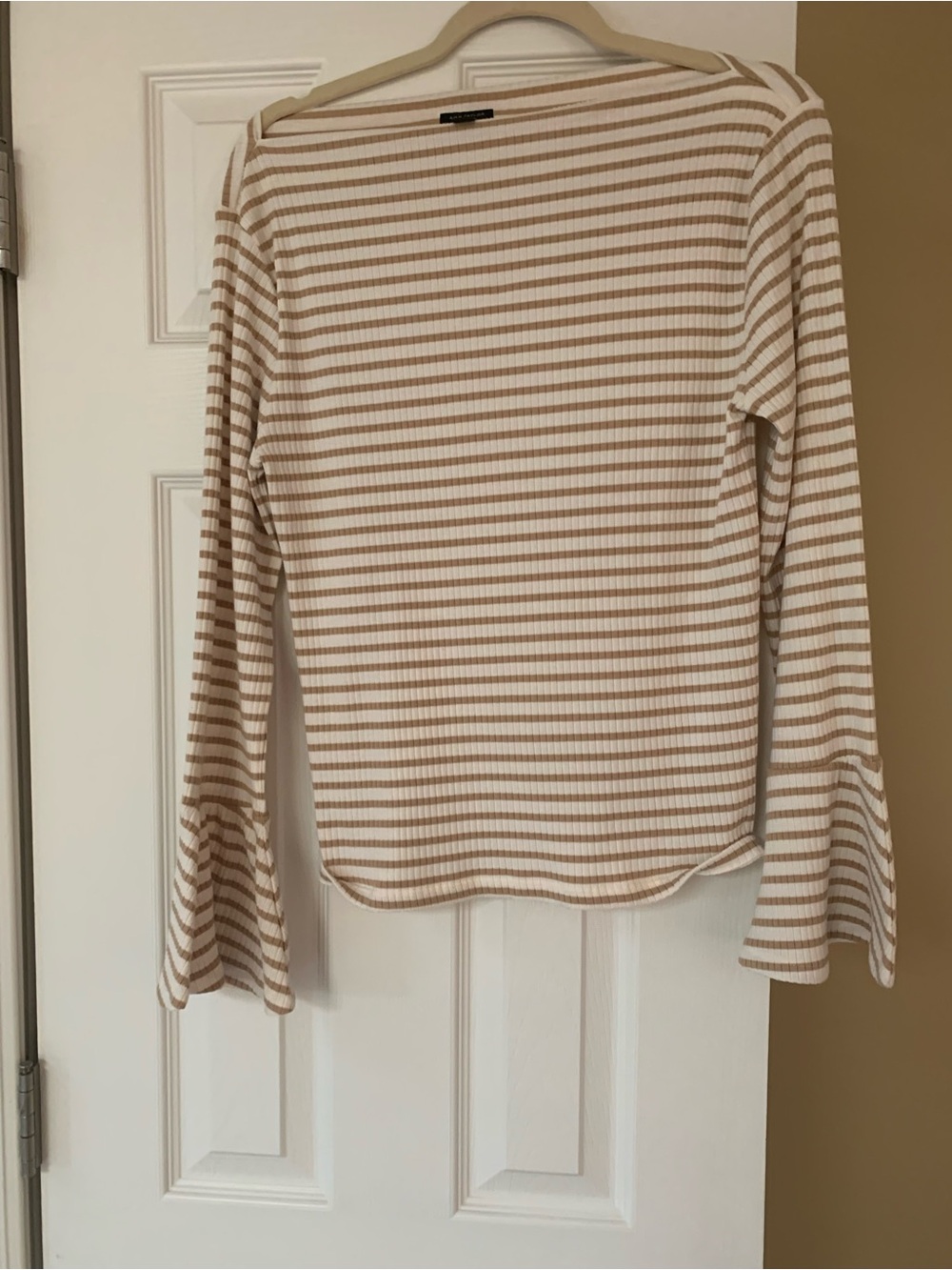 Ann Taylor Beige and White Striped Ribbed Long Sleeve Top